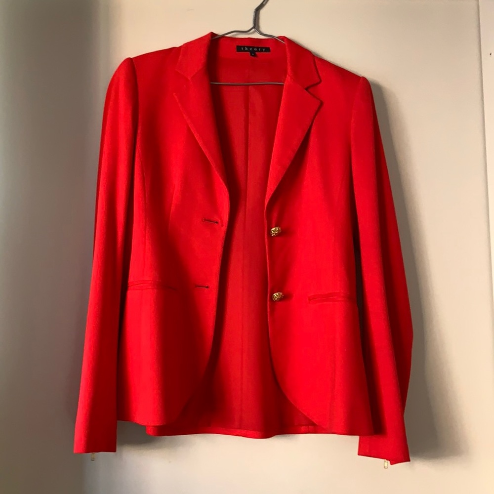 Theory Blazer, Red With Gold Buttons And Zipper D… - image 1